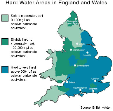 Hard water areas in United Kingdom (England)